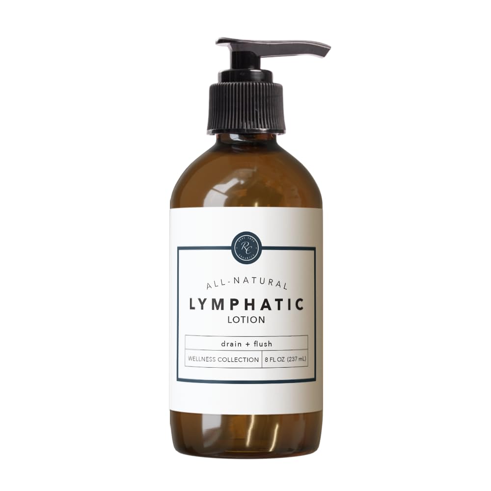 Rowe Casa Organics lymphatic lotion bottle for skin hydration and daily massage.