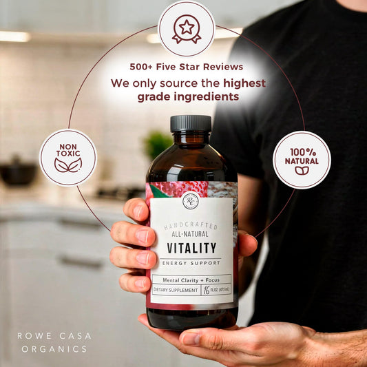Close-up of Rowe Casa Organics Vitality Energy bottle emphasizing natural ingredients.