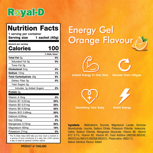 Royal-D Energy Gel orange 20-count sachets in compact packaging for travel.