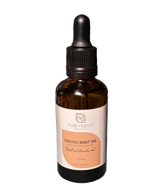 Roze Natura Costus Root Oil bottle with dropper for precise application.