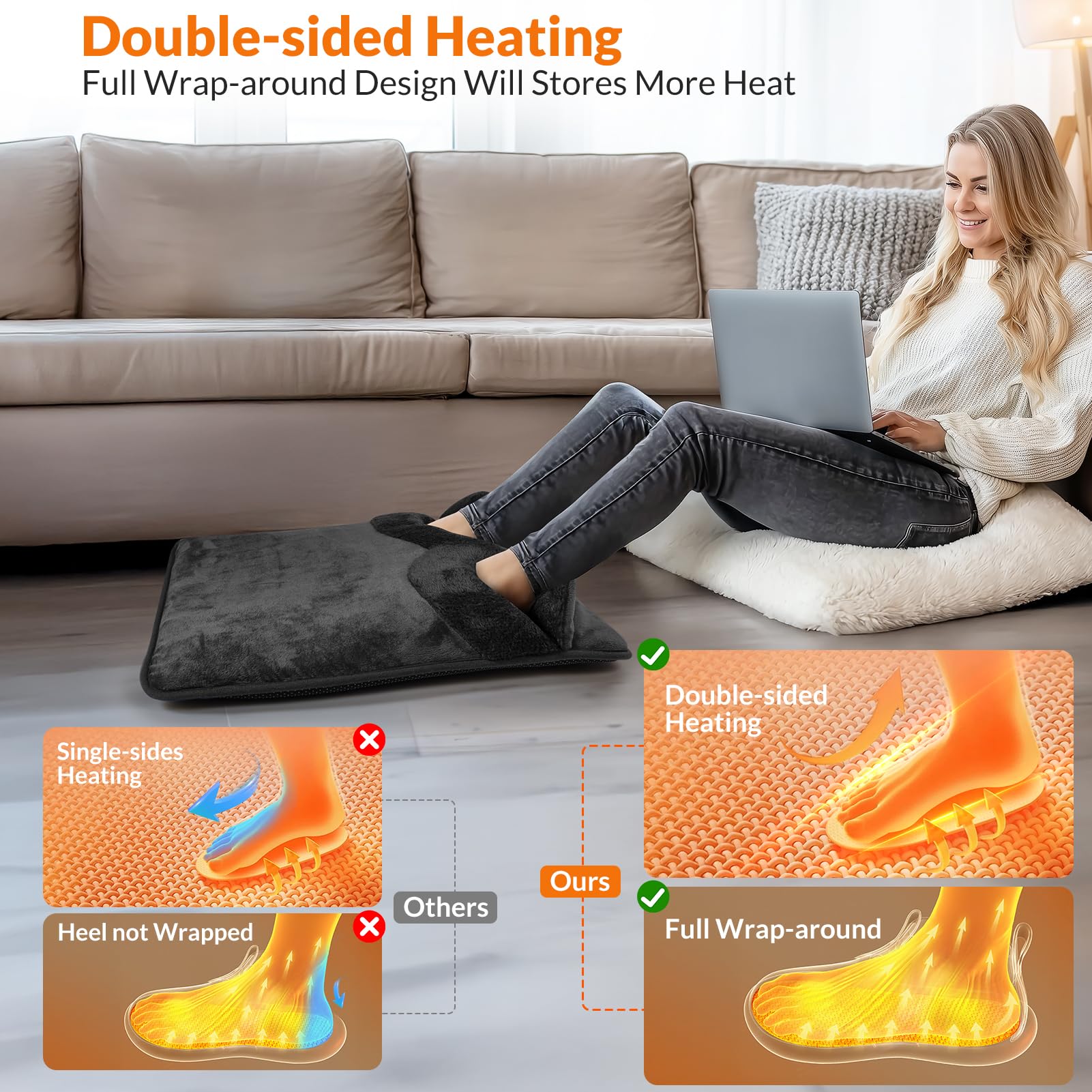 ROZEEYUU foot warmer close-up of two-layer heating for fast, even heat