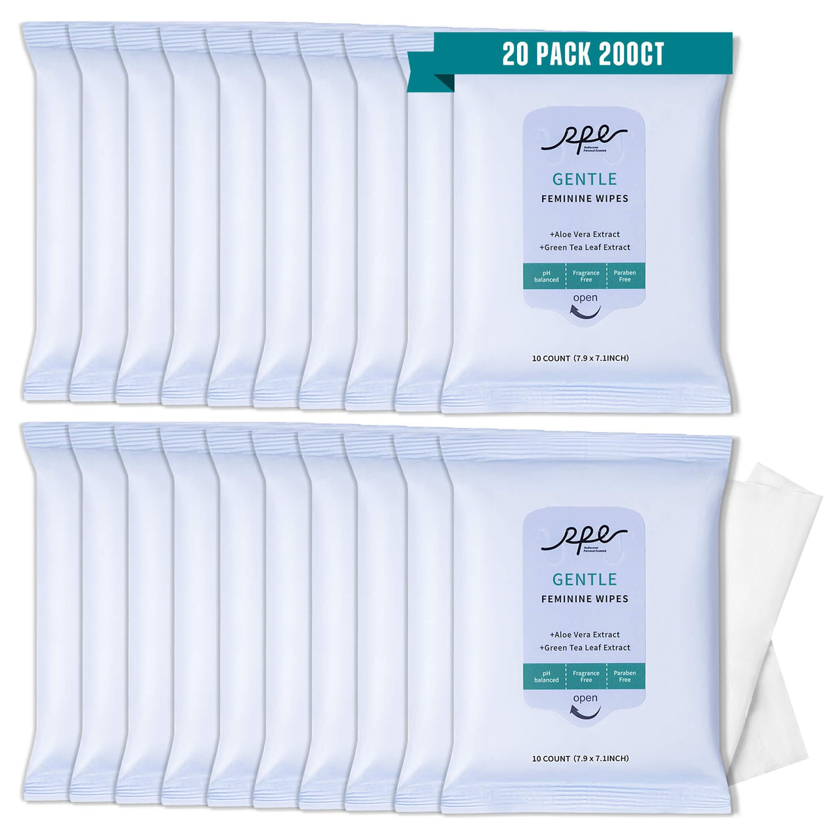 RPE Life large feminine wipes, pack-front for on-the-go cleansing.