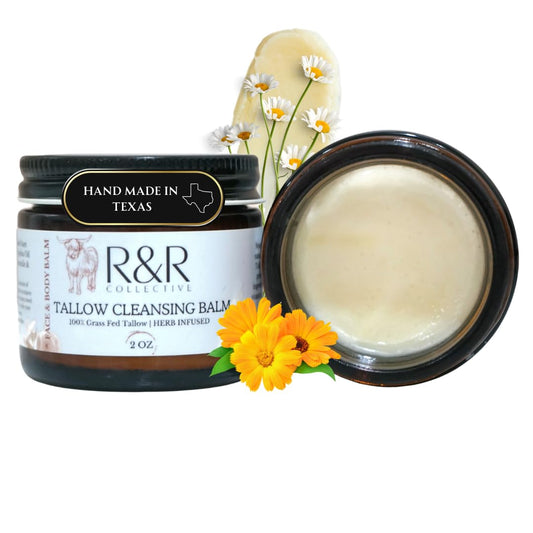 R&R Collective tallow cleansing balm jar closeup for a nourishing makeup removal