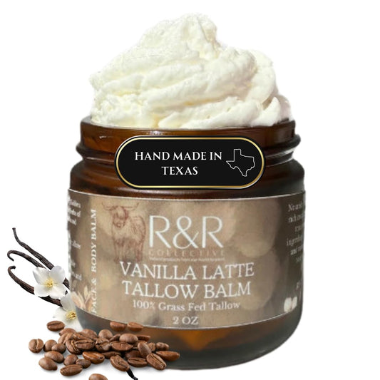 R&R Collective Vanilla Latte Tallow Face Moisturizer jar shows a whipped texture ideal for dry skin.