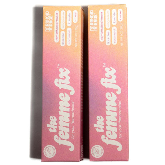 Rrhoid Rage Femme Fix tube close-up for discreet postpartum relief