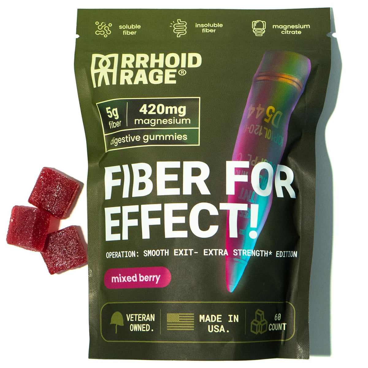 Rrhoid Rage fiber gummies bottle with mixed berry flavor for digestion support.