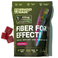 Rrhoid Rage fiber gummies bottle with mixed berry flavor for digestion support.