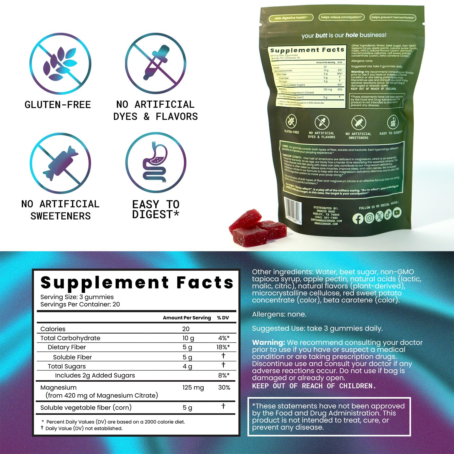 Rrhoid Rage vegan, gluten-free, non-GMO formula for dietary needs.