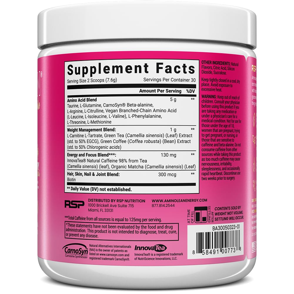 RSP AminoLean ingredients display featuring vegan amino acids and biotin benefits.
