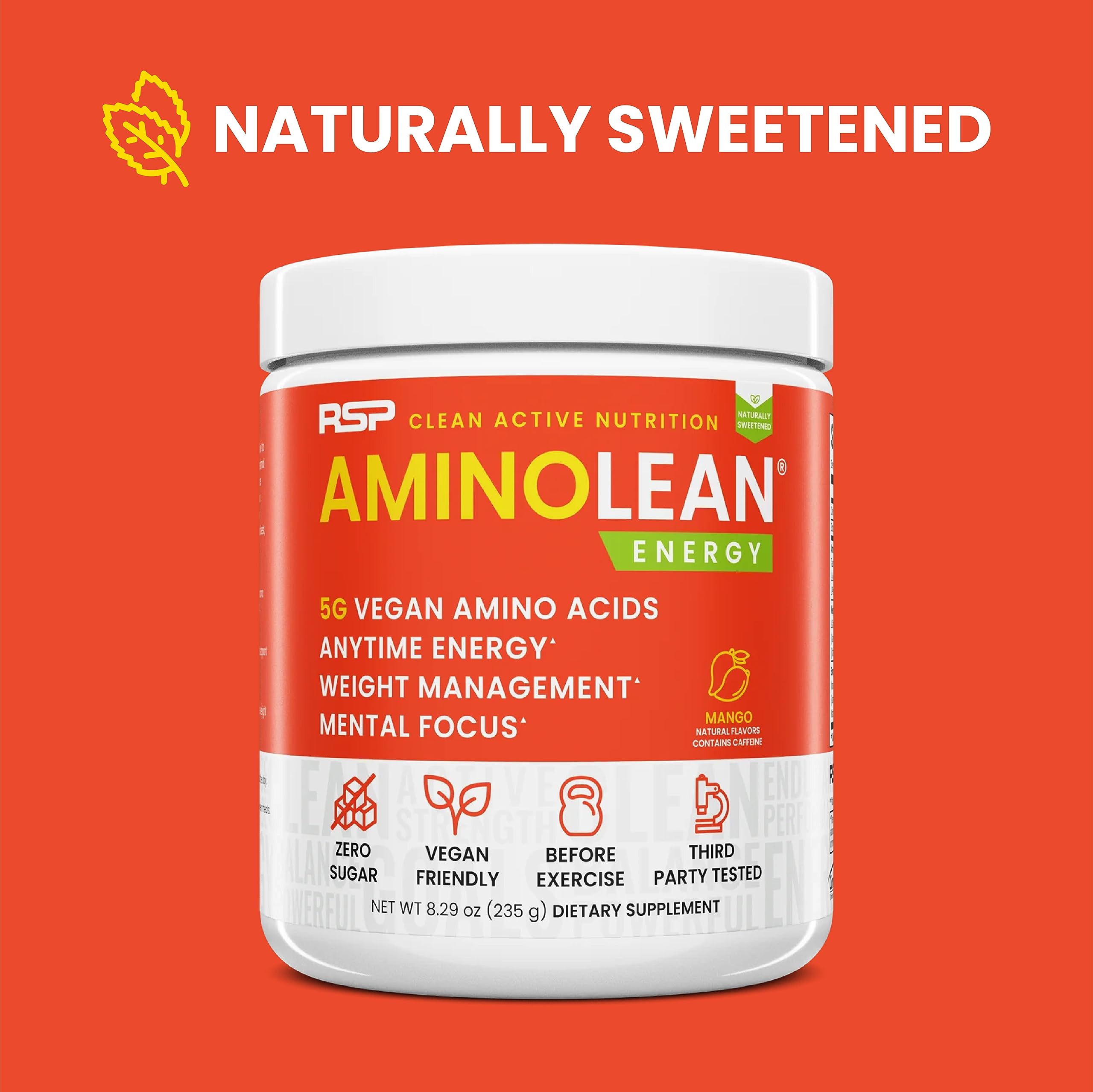 AminoLean mango scoop dissolving in water for clean pre-workout energy