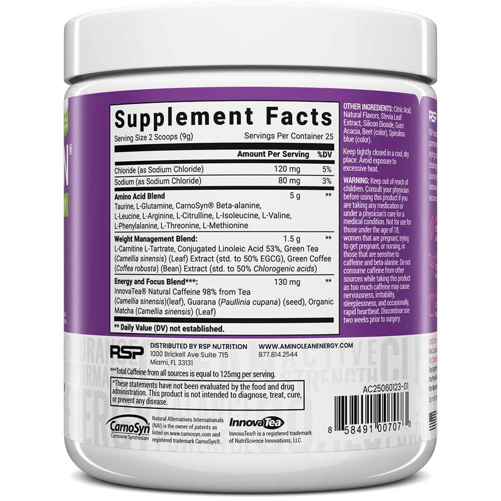 RSP Nutrition AminoLean packaging emphasizes natural caffeine and zero sugar.