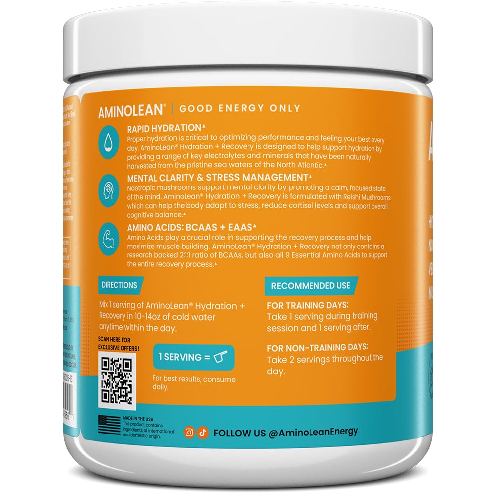 AminoLean Recovery bottle label highlights electrolytes and BCAA benefits.