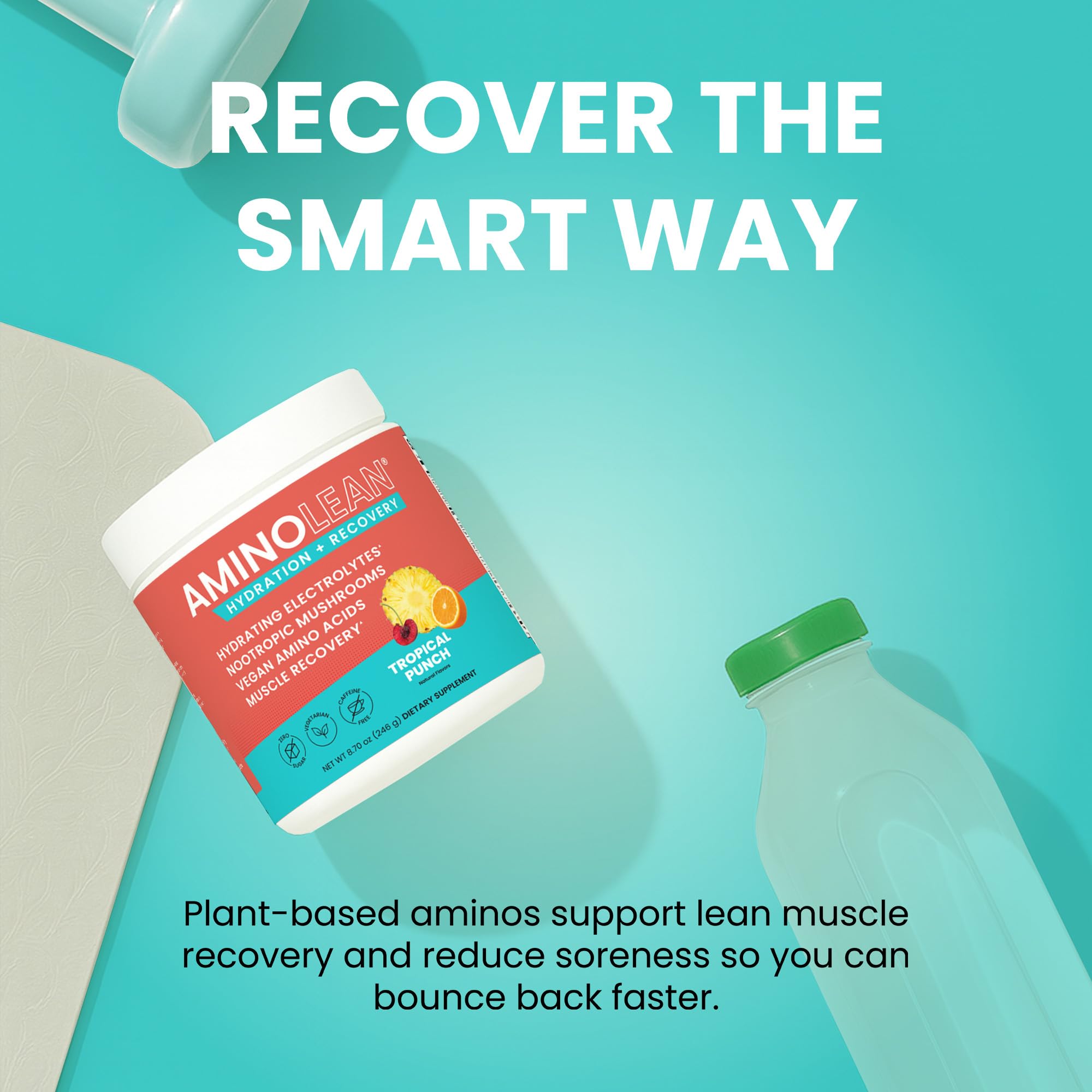 AminoLean Recovery packaging highlights zero sugar formula and vegan ingredients.