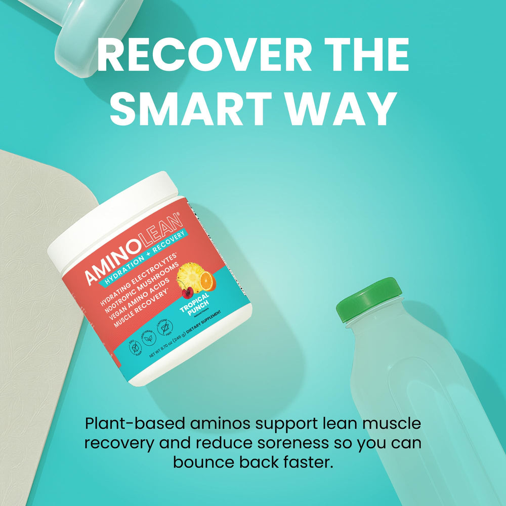 AminoLean Recovery packaging highlights zero sugar formula and vegan ingredients.
