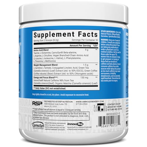 RSP Nutrition AminoLean scoop dispensing powder for precise pre-workout measurement.