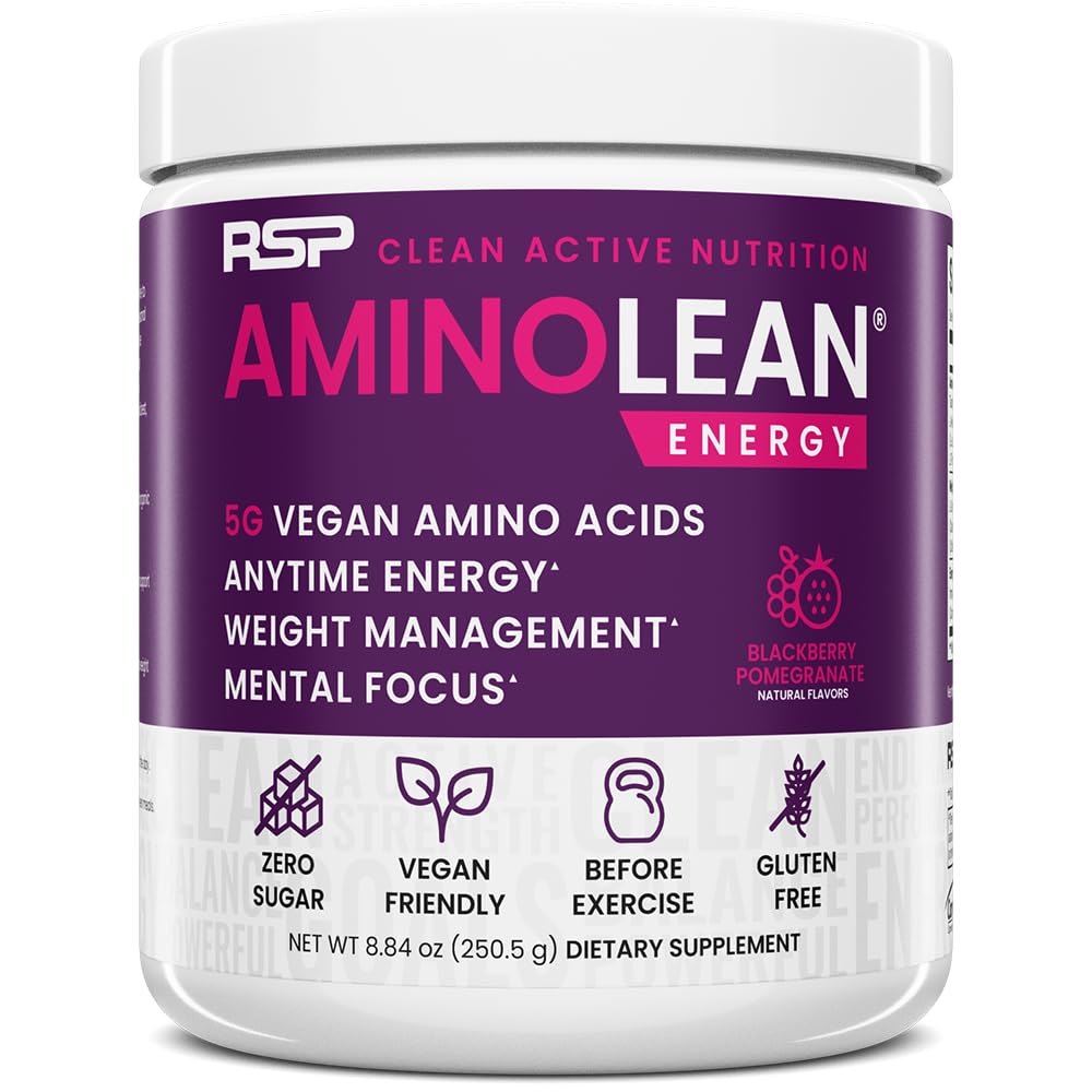 RSP NUTRITION AminoLean tub front view shows clean pre-workout energy with vegan formula