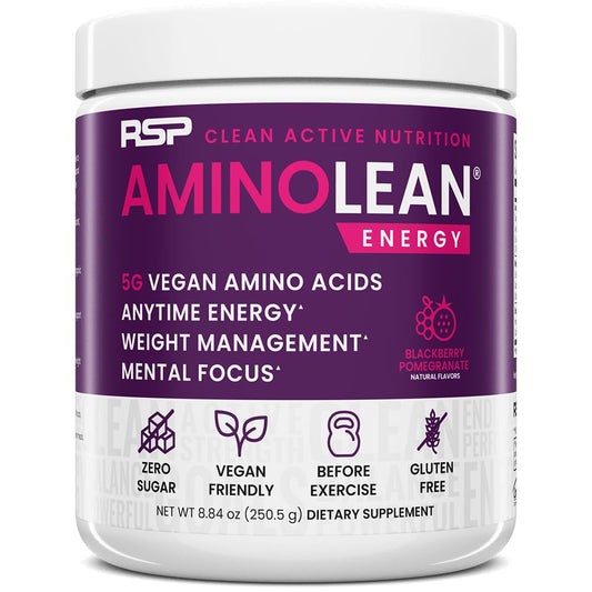 RSP NUTRITION AminoLean tub front view shows clean pre-workout energy with vegan formula