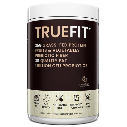 RSP NUTRITION TrueFit bottle displaying grass-fed whey and gut-friendly protein options.