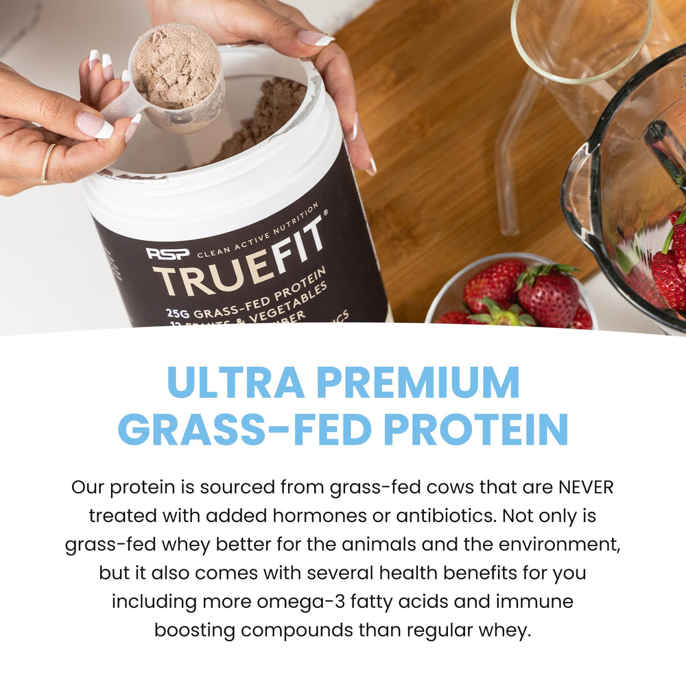 RSP NUTRITION TrueFit label highlights gluten-free and keto-friendly formulation.
