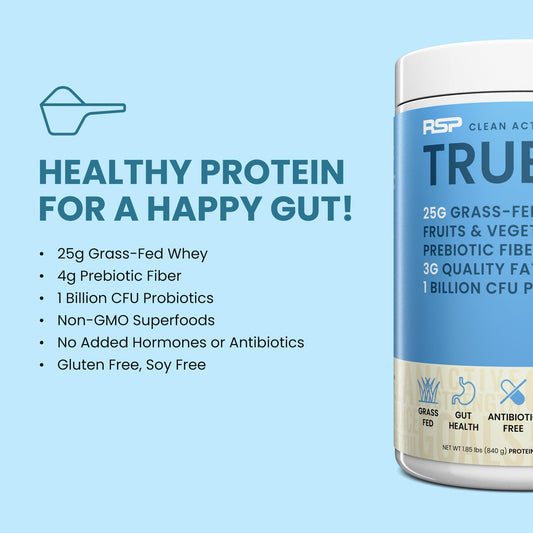 TrueFit scoop measuring protein with prebiotics for digestive support.