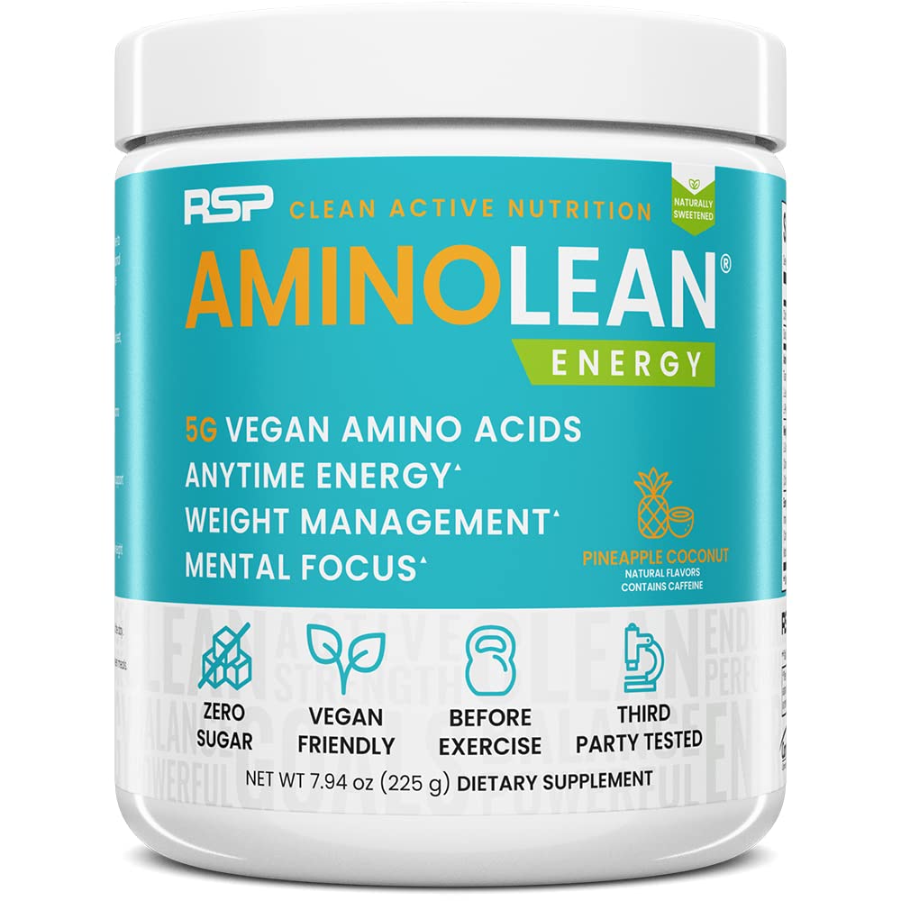 RSP Vegan AminoLean bottle front shows tropical pineapple coconut flavor for energy