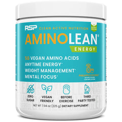 RSP Vegan AminoLean bottle front shows tropical pineapple coconut flavor for energy