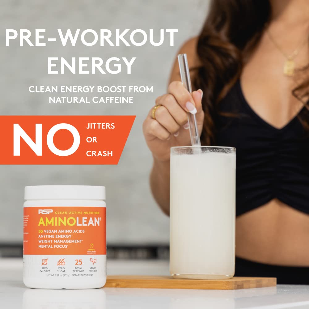 RSP AminoLean label close-up highlights vegan formula and zero sugar