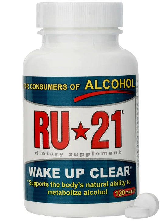 RU-21 pills bottle closeup highlighting convenient next-day recovery support.