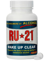 RU-21 pills bottle closeup highlighting convenient next-day recovery support.