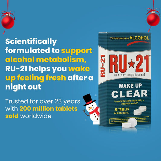 RU-21 tablets close-up showing a simple pre- and post-drinking routine.
