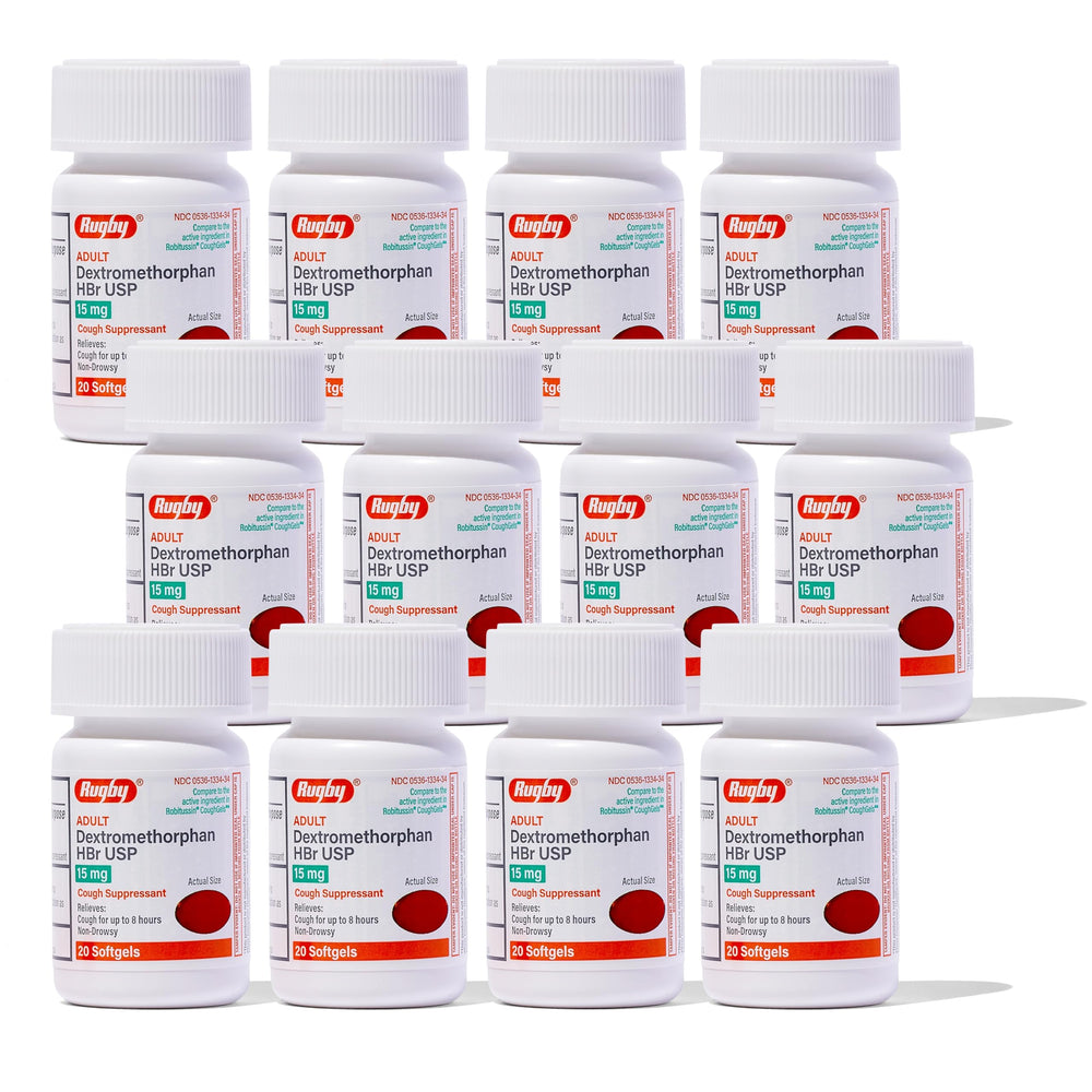 Rugby Laboratories dextromethorphan softgel bottle offers non-drowsy relief for adult coughs.