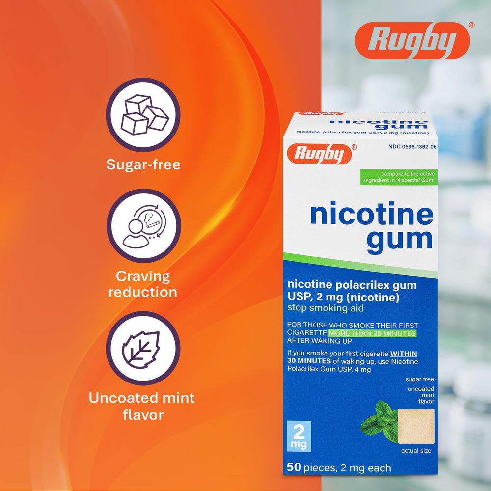 Rugby Polacrilex 2mg gum 8-pack banner suggests affordable bulk option.