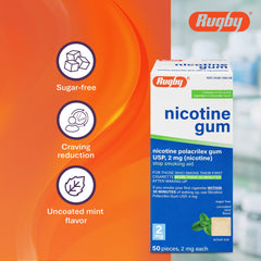 Rugby Polacrilex 2mg gum 8-pack banner suggests affordable bulk option.