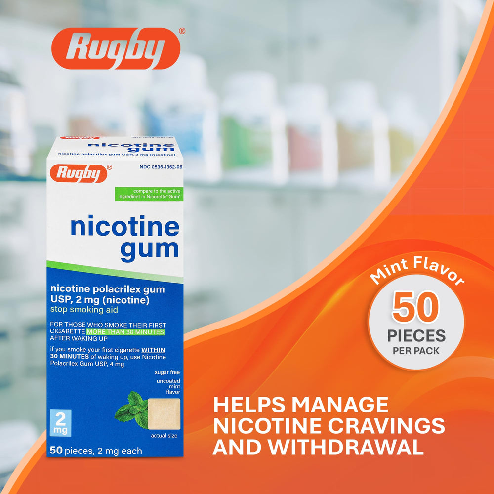 Rugby Polacrilex 2mg gum packaging back with usage info helps plan your quit journey.