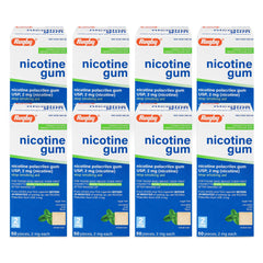 Rugby Polacrilex 2mg gum packaging front shows mint flavor and 50-count box for quit support.