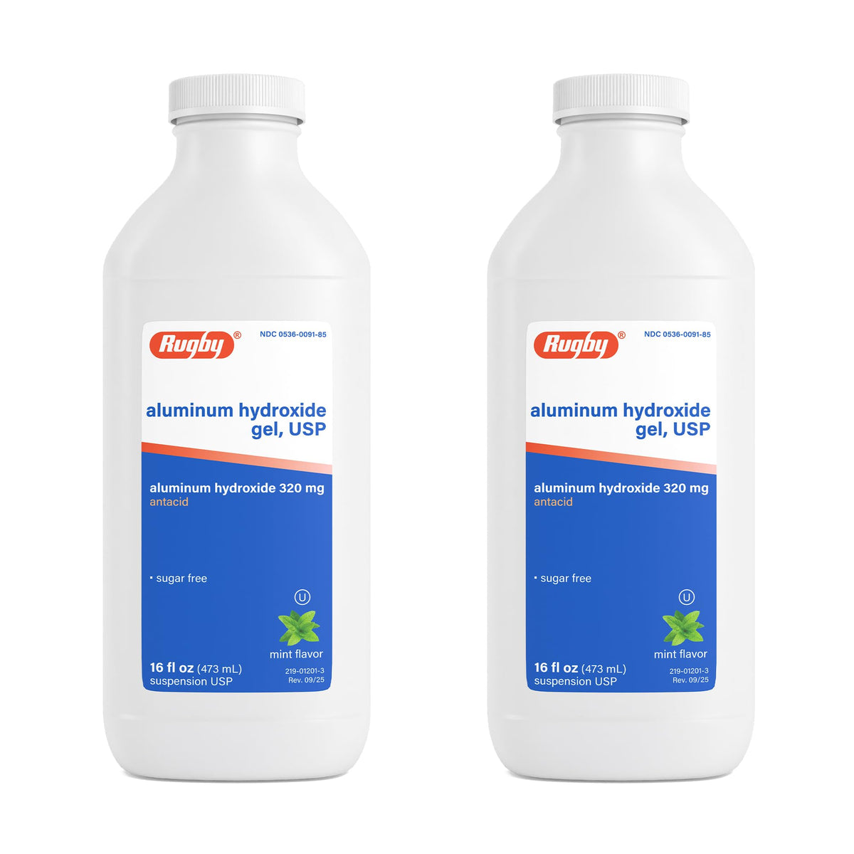 Rugby Laboratories aluminum hydroxide gel bottle front showing mint flavor for heartburn relief