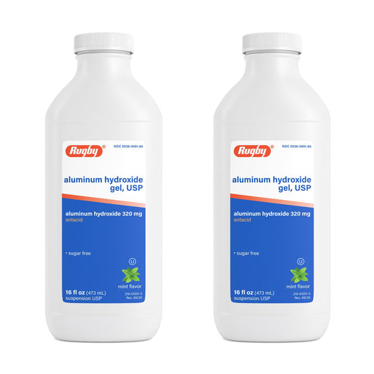 Rugby Laboratories aluminum hydroxide gel bottle front showing mint flavor for heartburn relief
