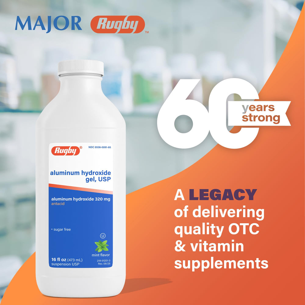 Rugby Laboratories aluminum hydroxide gel bottle pour demonstrates dosing after meals