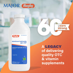 Rugby Laboratories aluminum hydroxide gel bottle pour demonstrates dosing after meals