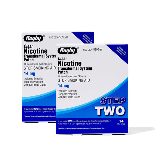 Rugby Laboratories clear nicotine patch Step 2 with 14 mg for 24-hour delivery during quitting