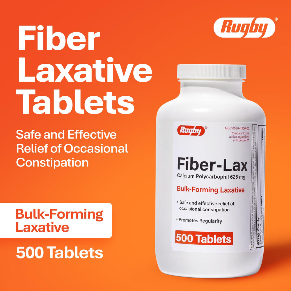 Rugby Laboratories Fiber-Lax close-up tablet highlighting 625 mg formulation