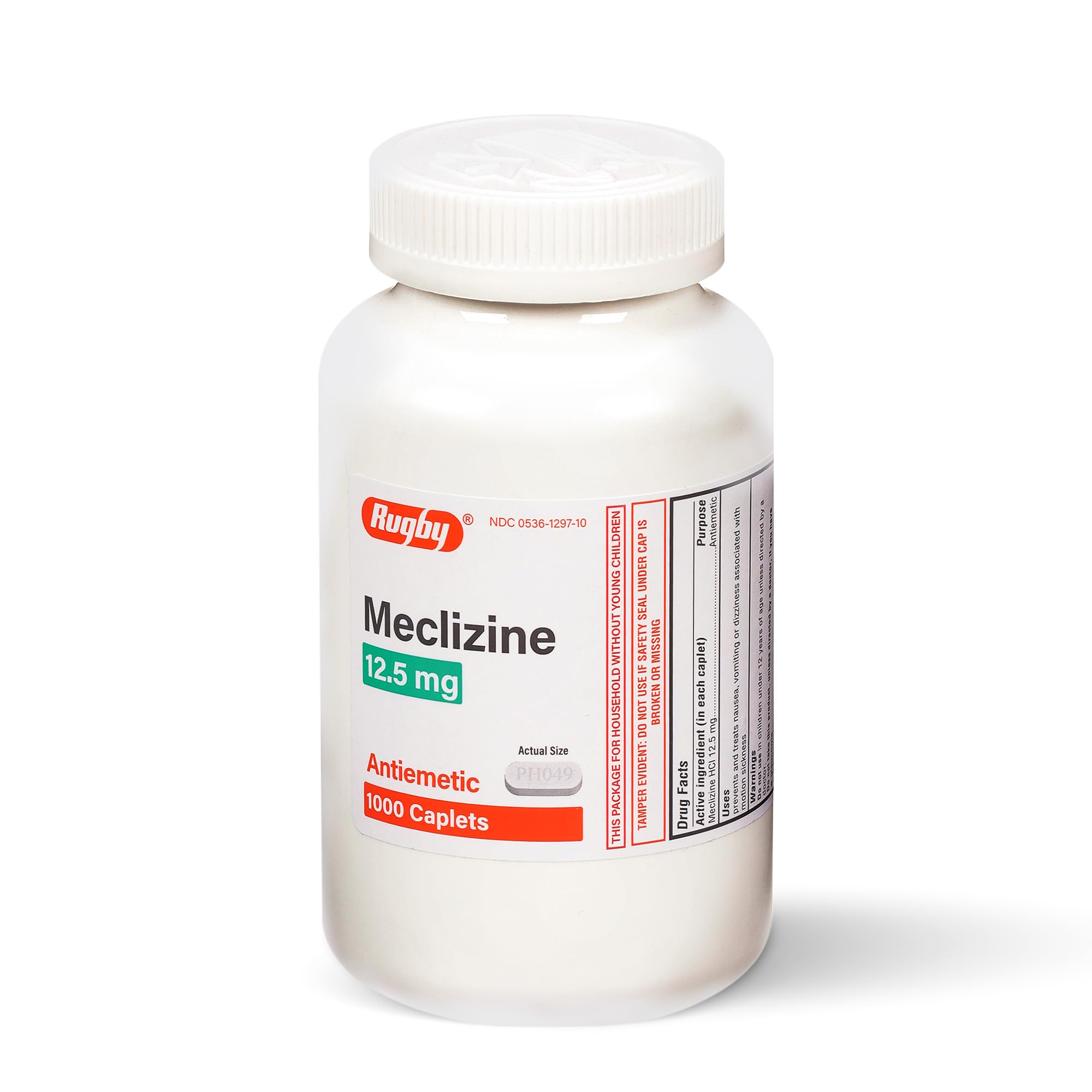 Rugby Laboratories meclizine bottle shows travel-friendly motion sickness protection