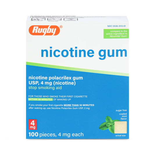 Rugby Laboratories 4mg mint gum pack front, discreet craving support.