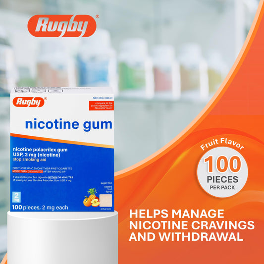Rugby Laboratories 2mg gum piece with fruit flavor used for on-demand relief