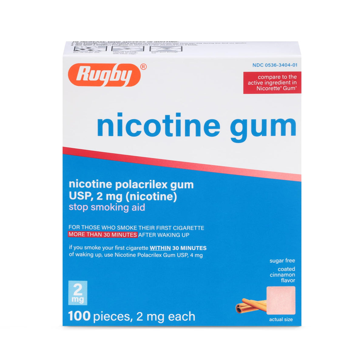Rugby Laboratories Polacrilex 2mg gum cinnamon flavor packaging for discreet craving relief.