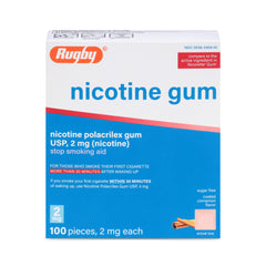 Rugby Laboratories Polacrilex 2mg gum cinnamon flavor packaging for discreet craving relief.