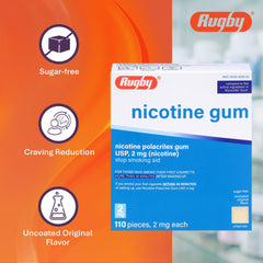 Rugby Polacrilex 2mg gum on-the-go icon highlights craving comfort.