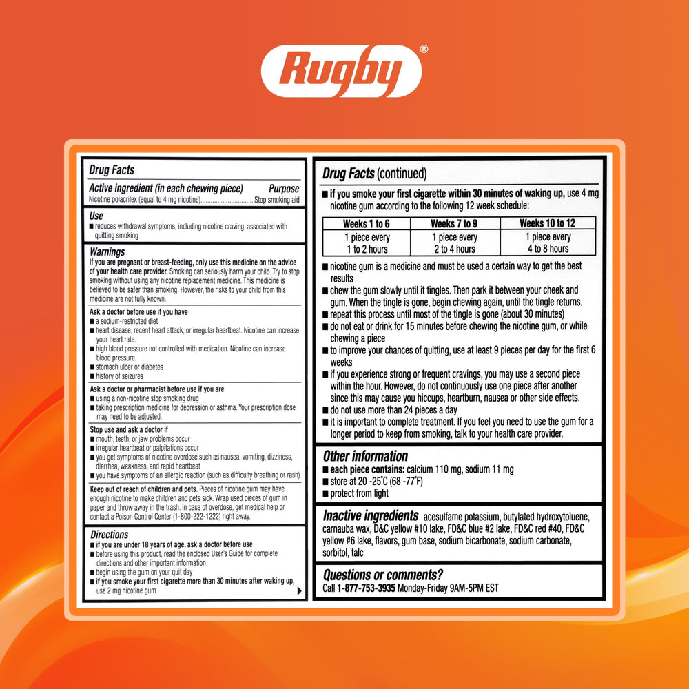 Rugby Polacrilex gum label close-up — product details and dosage