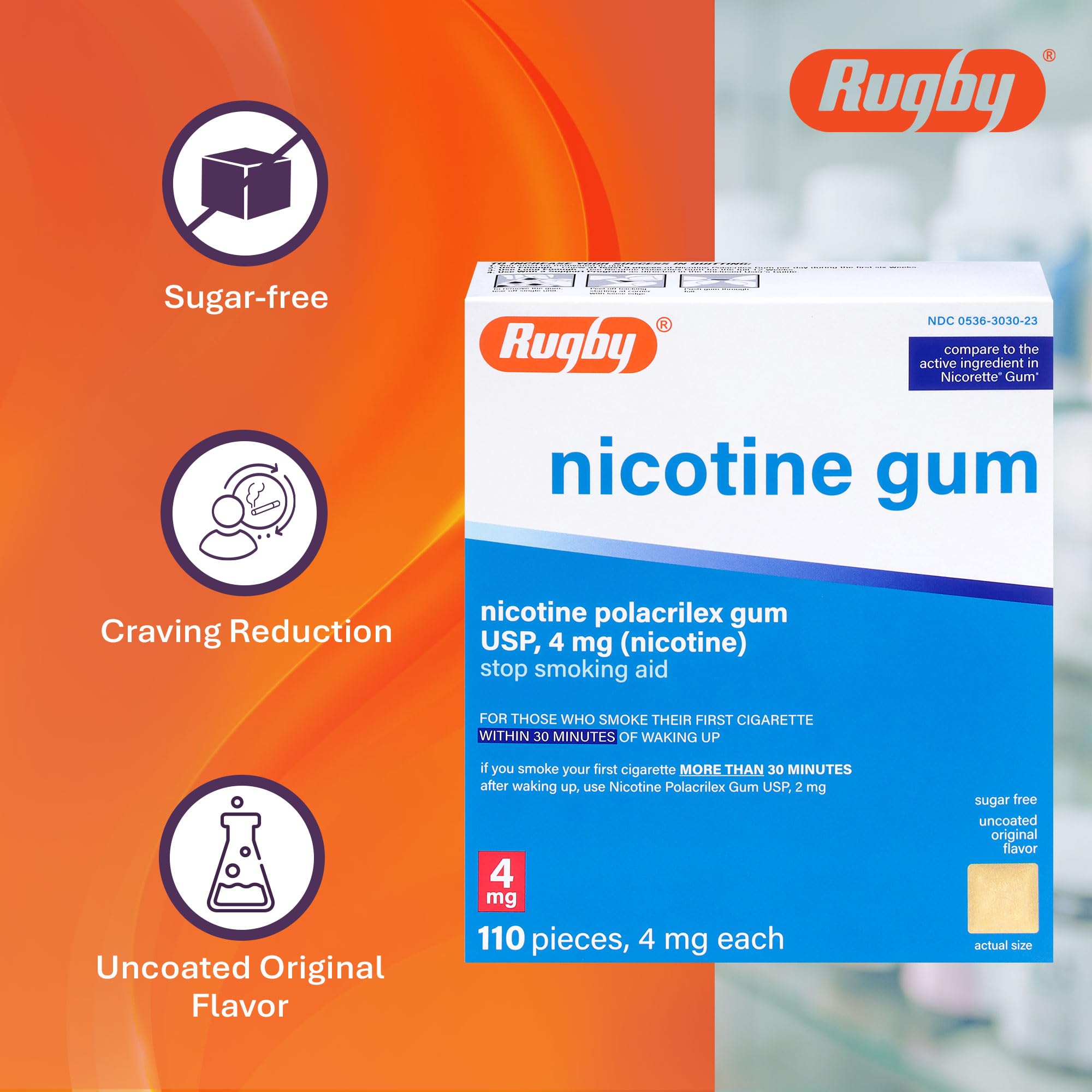 Rugby Polacrilex gum on countertop — easy access for cravings