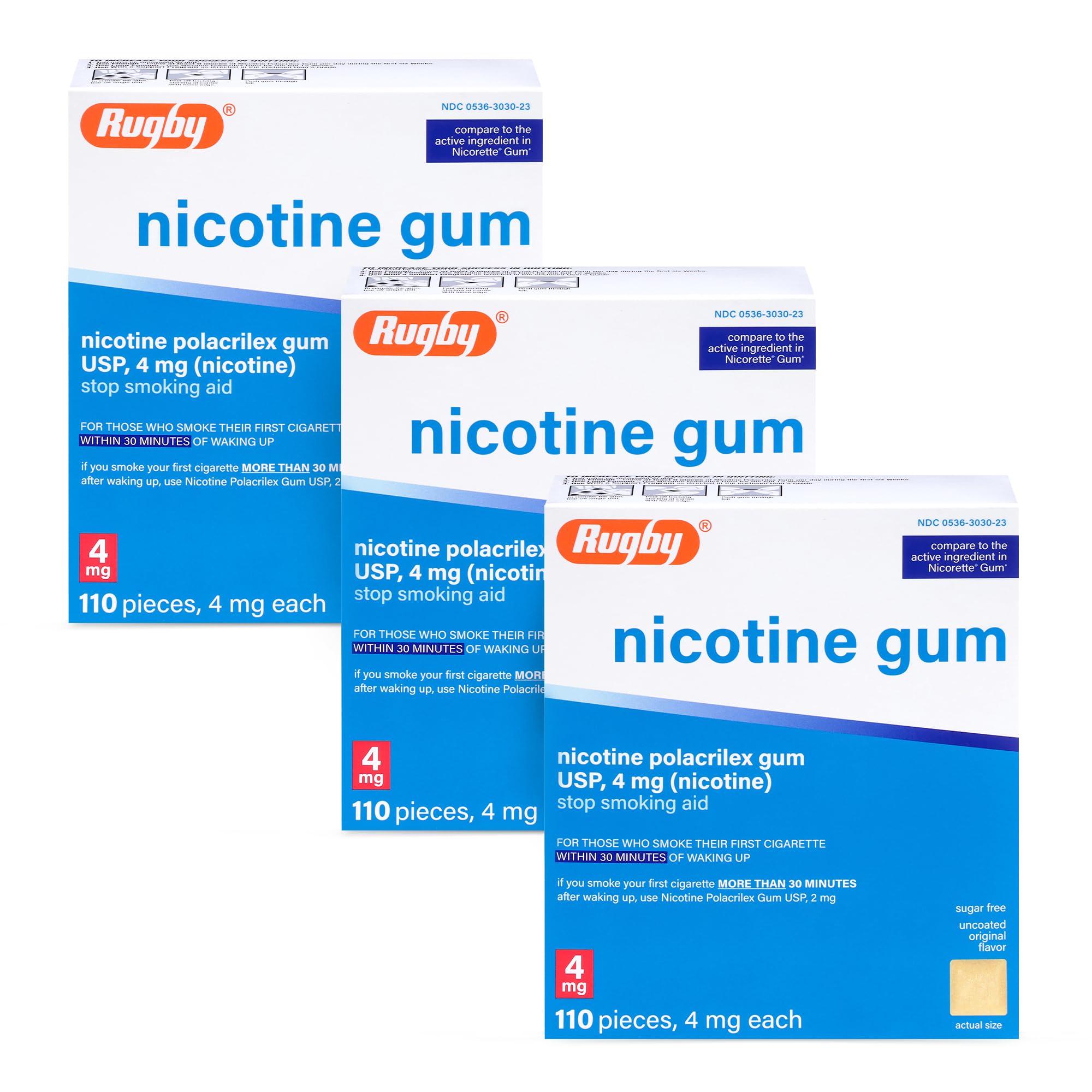 Rugby Polacrilex gum packaging — original flavor, 110-count three-pack for quitting support